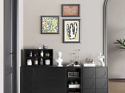 Black Shoe Cabinet In Entryway With Decorative Artwork Statues Bottles Books And Candlesticks 3d model