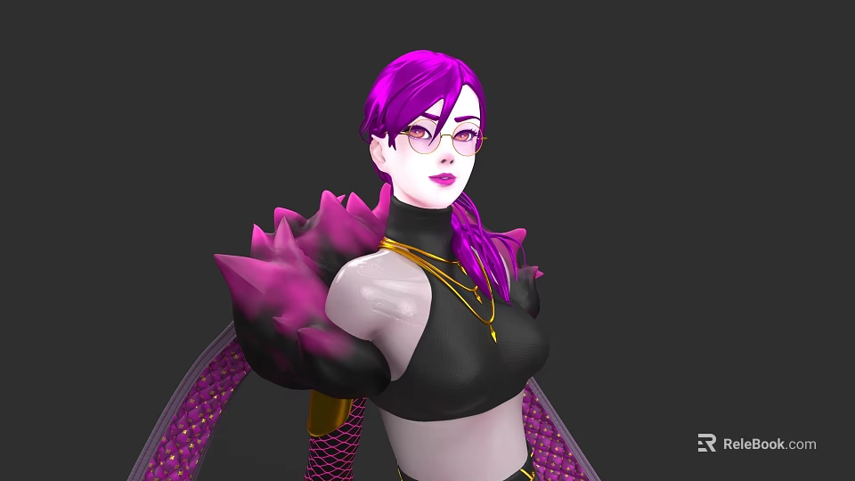 Game Character With Purple Hair Glasses Black Top Gold Necklace Spiked Shoulders And Scaly Details 3d model 