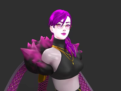 Game Character With Purple Hair Glasses Black Top Gold Necklace Spiked Shoulders And Scaly Details 3d model