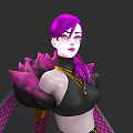 Game Character With Purple Hair Glasses Black Top Gold Necklace Spiked Shoulders And Scaly Details