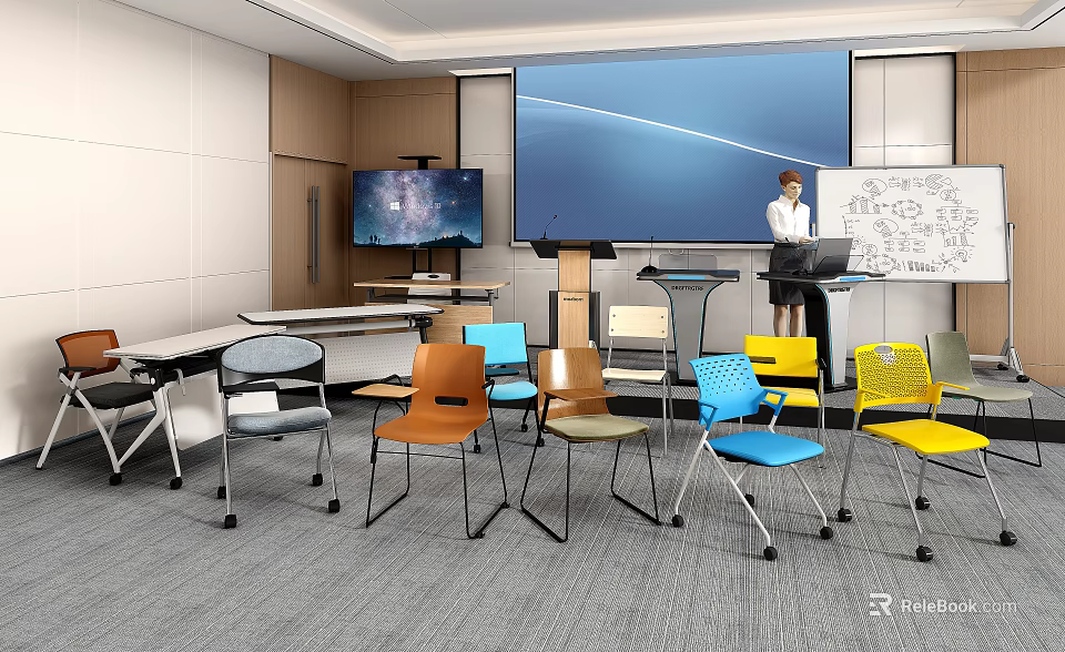 Modern Conference Room Interior Design With Large Screen Whiteboard And Colorful Chairs 3d model 