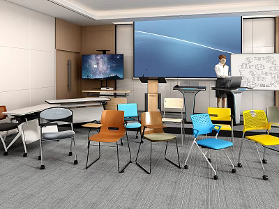 Modern Conference Room Interior Design With Large Screen Whiteboard And Colorful Chairs 3d model