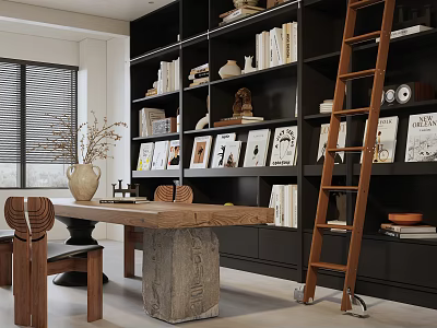 Stylish Study Room Interior With Black Bookshelves Wooden Table Ladder Window Blinds And Decorative Items 3d model