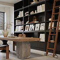 Stylish Study Room Interior With Black Bookshelves Wooden Table Ladder Window Blinds And Decorative Items