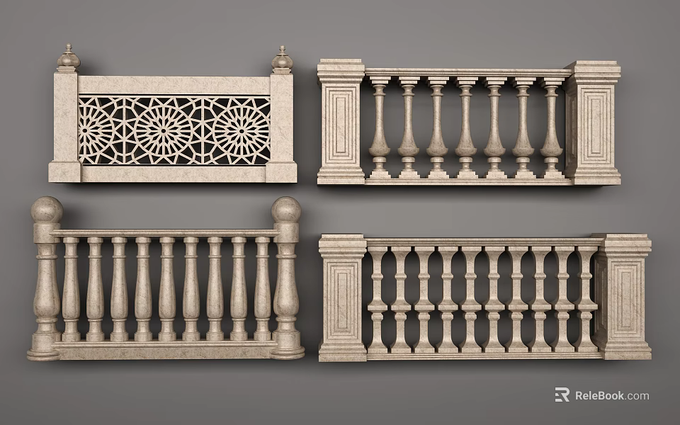Decorative Stone Railings With Carved Patterns And Baluster Posts In Various Designs 3d model 