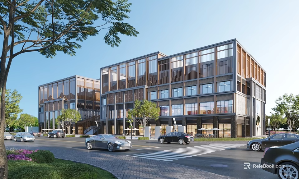 Modern Office Building With Glass Curtain Walls Wooden Elements Trees Cars And Street Landscaping 3d model 