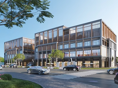 Modern Office Building With Glass Curtain Walls Wooden Elements Trees Cars And Street Landscaping 3d model