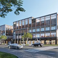 Modern Office Building With Glass Curtain Walls Wooden Elements Trees Cars And Street Landscaping