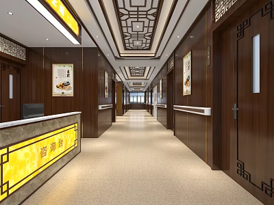 Chinese Style Corridor Interior With Wooden Decor Reception Desk And Ceiling Patterns 3d model