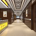 Chinese Style Corridor Interior With Wooden Decor Reception Desk And Ceiling Patterns 3d model