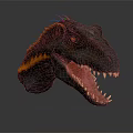 Dinosaur Head Model with Orange Black Stripes Open Mouth Sharp Teeth Red Eyes Reflective Surface