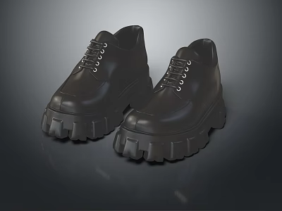 Black Leather Platform Shoes with Lace Up Design and Thick Sole 3d model