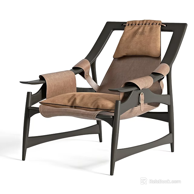 Modern Leisure Chair With Black Wooden Frame And Brown Fabric Cushions 3d model 