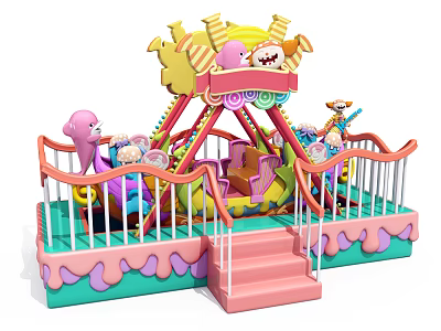 Colorful Children's Fun Amusement Swing Ride With Cartoon Animal Shapes Safety Fence And Stairs 3d model