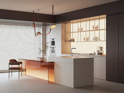 Modern Restaurant Interior With Open Counter Pendant Lights White Cabinets And Large Windows 3d model