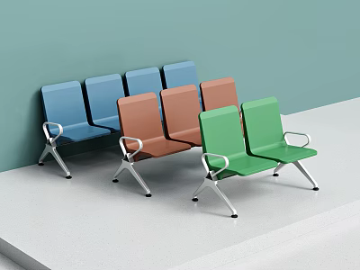 Colorful Public Chairs With Metal Frames And Armrests Against Wall In Public Space 3d model