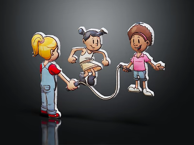 Three Lively Cartoon Game Movie Characters Playing Skipping Rope And Interacting Joyfully 3d model