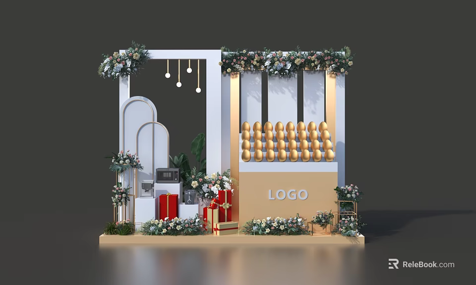 Commercial Display Equipment For Retail With Golden Spheres Floral Decorations And Logo Stand 3d model 
