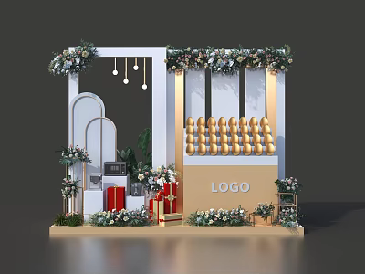 Commercial Display Equipment For Retail With Golden Spheres Floral Decorations And Logo Stand 3d model