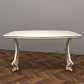 Stylish White Accent Table with Curved Legs Design on Herringbone Wooden Floor and Gray Wall