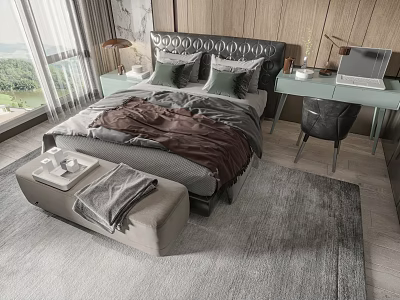 Modern Double Bed Bedroom With Upholstered Headboard Gray Bedding Nightstand Lamp Desk And Rug 3d model