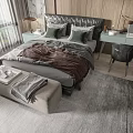 Modern Double Bed Bedroom With Upholstered Headboard Gray Bedding Nightstand Lamp Desk And Rug