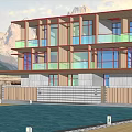 Modern Detached Villa Exterior With Glass Windows Balconies And Snowy Mountain Backdrop