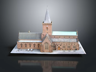 Church Model With Red Brick Structure Gray Spire Green Roof And Windows On Base 3d model