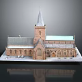 Church Model With Red Brick Structure Gray Spire Green Roof And Windows On Base