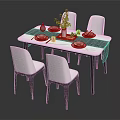 Modern Dining Table Set with Four White Chairs Black Legs Marble Top and Green Plant