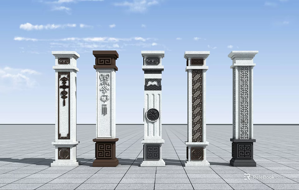 Architectural Columns With Various Designs Intricate Carvings And Diverse Color Details 3d model 