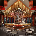 Stylish Restaurant Interior With Chef At Bar Counter Red Lighting Decorative Ceiling And Lanterns 3d model