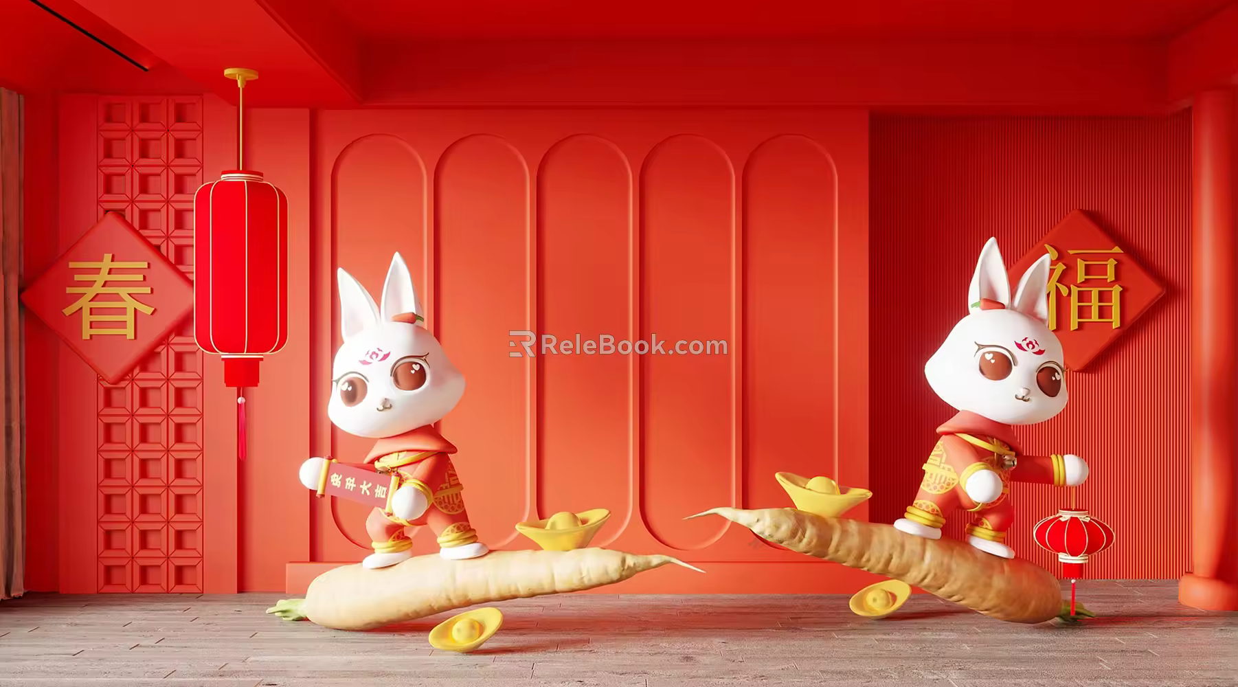 New Chinese-style Meichen Rabbit Year Meichen Online Red Card Wall 3d model