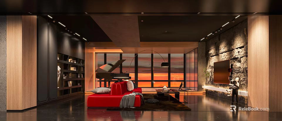 Modern Living Room Interior With Red Sofa Large Windows Sunset View Piano And Bookshelf 3d model 