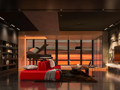 Modern Living Room Interior With Red Sofa Large Windows Sunset View Piano And Bookshelf 3d model