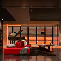 Modern Living Room Interior With Red Sofa Large Windows Sunset View Piano And Bookshelf