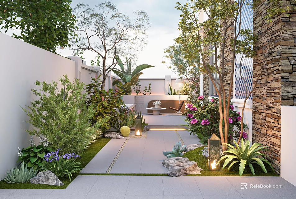 Lush Courtyard Garden Design With Stone Pathway Various Plants Colorful Flowers Decorative Lanterns And Natural Stones 3d model 