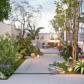Lush Courtyard Garden Design With Stone Pathway Various Plants Colorful Flowers Decorative Lanterns And Natural Stones