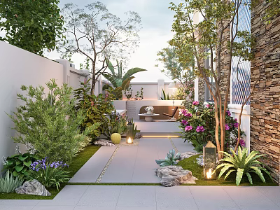 Lush Courtyard Garden Design With Stone Pathway Various Plants Colorful Flowers Decorative Lanterns And Natural Stones 3d model
