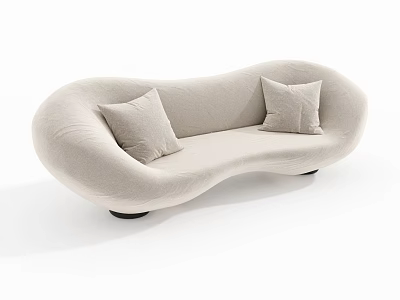 Beige Curved Modern Minimalist Double Sofa With Soft Pillows And Black Legs 3d model