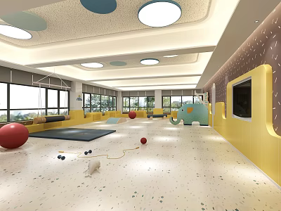 Kindergarten Playroom Interior With Round Lights Large Windows Yellow Walls Colorful Balls And Elephant Toy 3d model
