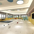 Kindergarten Playroom Interior With Round Lights Large Windows Yellow Walls Colorful Balls And Elephant Toy