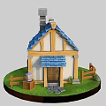 Cartoon Cottage Scene With Blue Roof Yellow Frame Chimney Wooden Fence And Green Grass