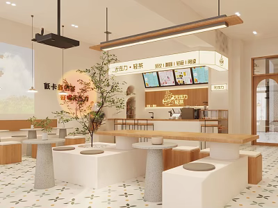 Modern Bubble Tea Shop Interior With Open Layout Bar Seating Digital Menu And Green Plants 3d model