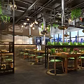 Bright Restaurant Interior With Wooden Tables Green Seats Hanging Lights And Green Plants
