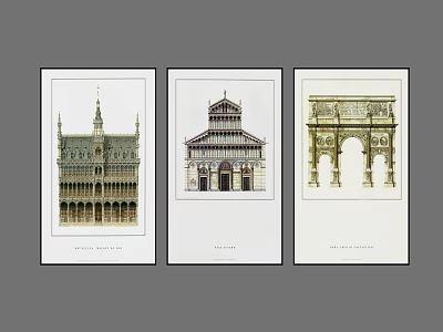 Three Vintage Architectural Landscape Paintings Featuring Classical Building Details 3d model