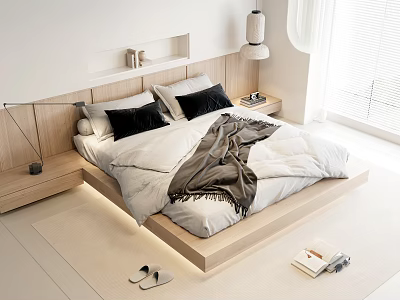 Modern Double Bed with Wooden Headboard White Bedding Black Pillows and Gray Throw Blanket 3d model