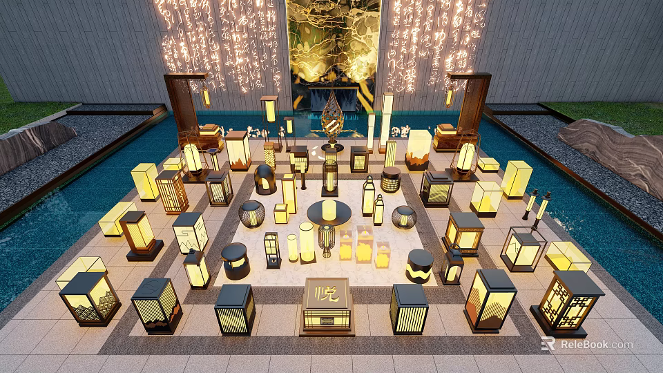 Diverse Styled Outdoor Lights Brightening Garden Space With Pool And Decorative Lamps 3d model 