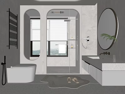Modern Bathroom Interior with Freestanding Bathtub Round Mirror Vanity and Shower Area 3d model