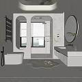 Modern Bathroom Interior with Freestanding Bathtub Round Mirror Vanity and Shower Area